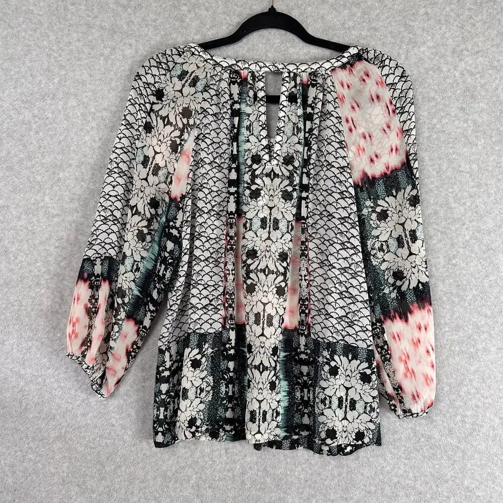 Figueroa & Flower Anthropologie Blouse Size L Mixed Print Sheer Artsy Boho Top - Picture 15 of 15